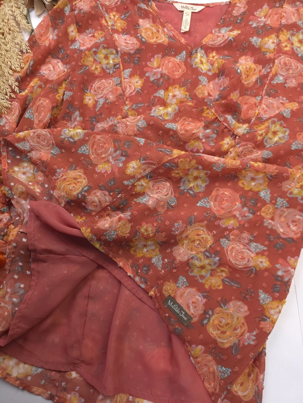Matilda Jane Coral Floral V-Neck Blouse Sz L - Picture 7 of 11